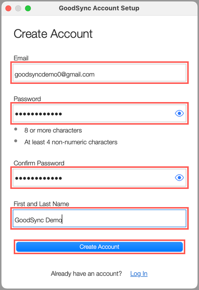 Mac 創建新 GoodSync 賬戶