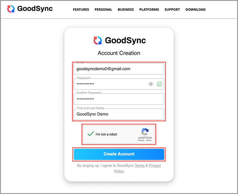 Web 網頁創建 GoodSync 賬戶表單
