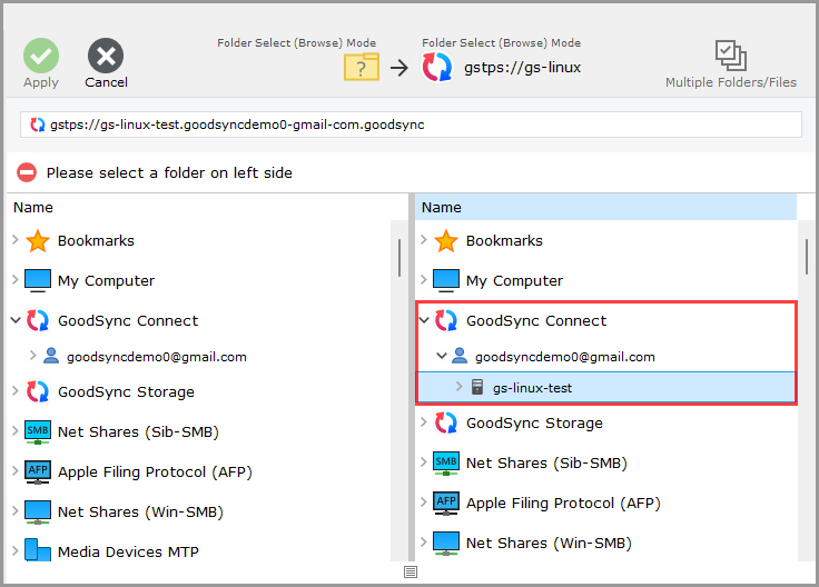 GoodSync Connect 顯示已註冊 Linux 主機