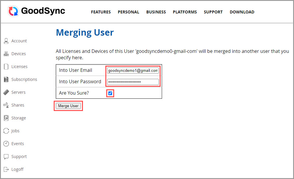 輸入目標賬戶憑據並確認合併