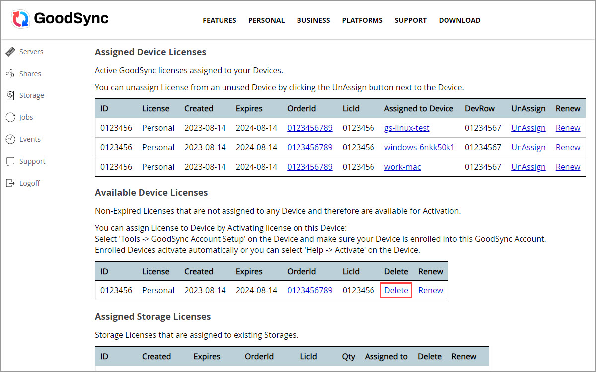 取消設備分配並刪除 License