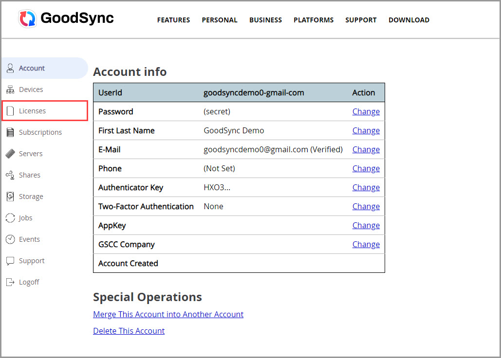 訪問 Licenses 部分