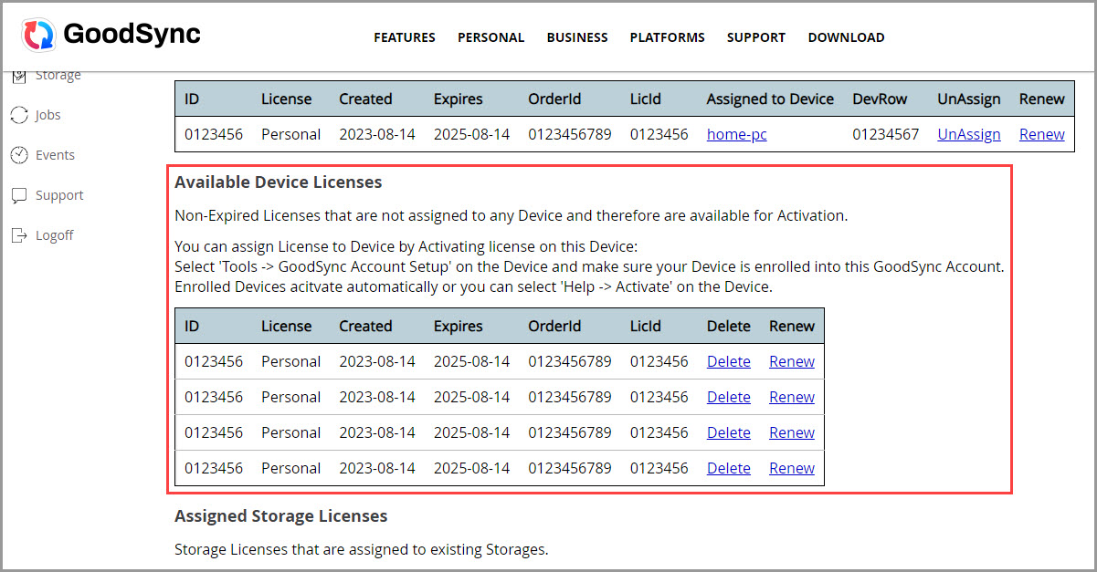 Available Device Licenses 部分