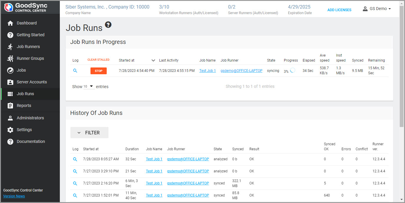 Control Center Job Runs 列表