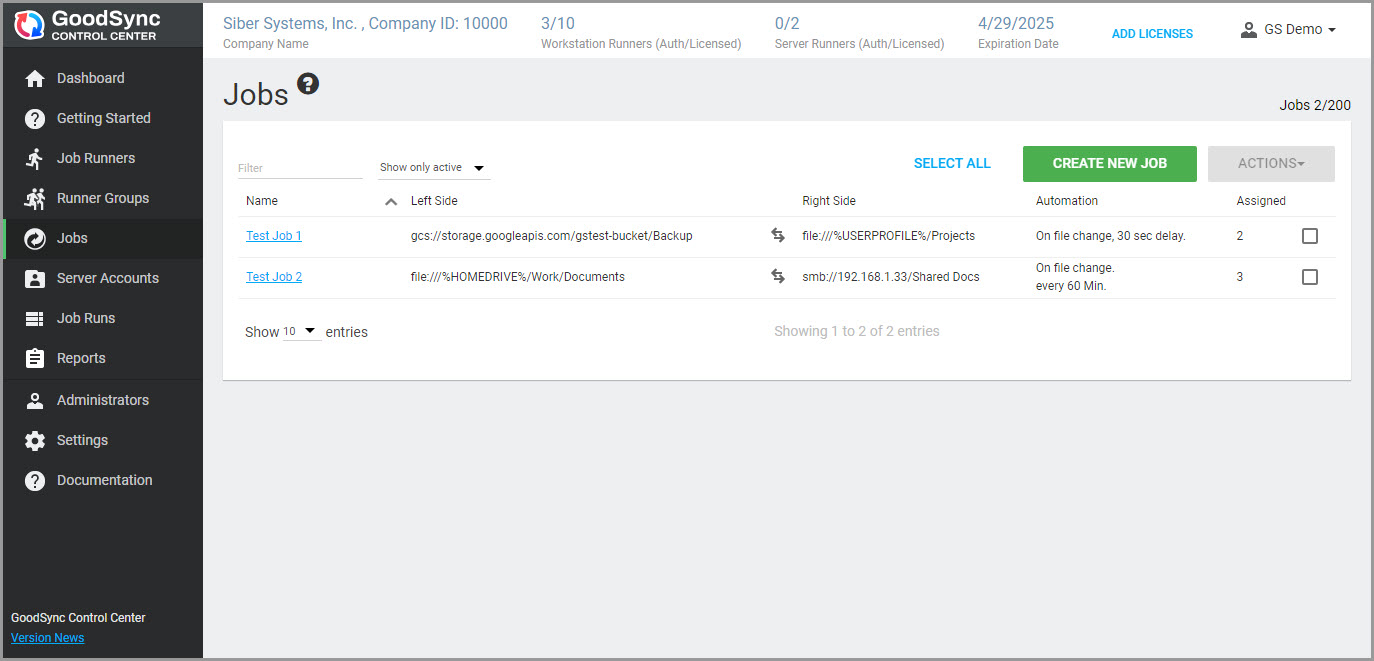 Control Center Jobs 列表